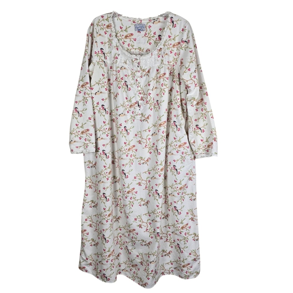Lanz of Salzburg Nightgown Medium White Pink Flannel Bird Floral‎ Cotton Granny